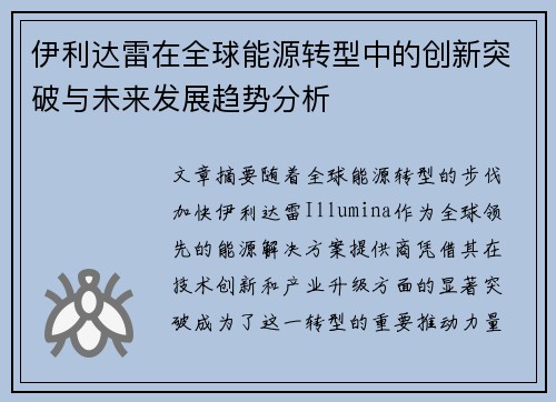 伊利达雷在全球能源转型中的创新突破与未来发展趋势分析