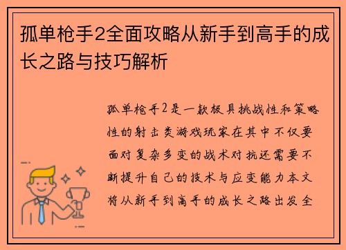 孤单枪手2全面攻略从新手到高手的成长之路与技巧解析